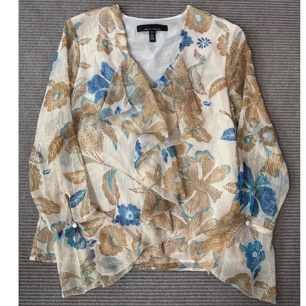 White House Black Market Floral Ruffle Blouse Gold Metallic Sheer V-Neck XS